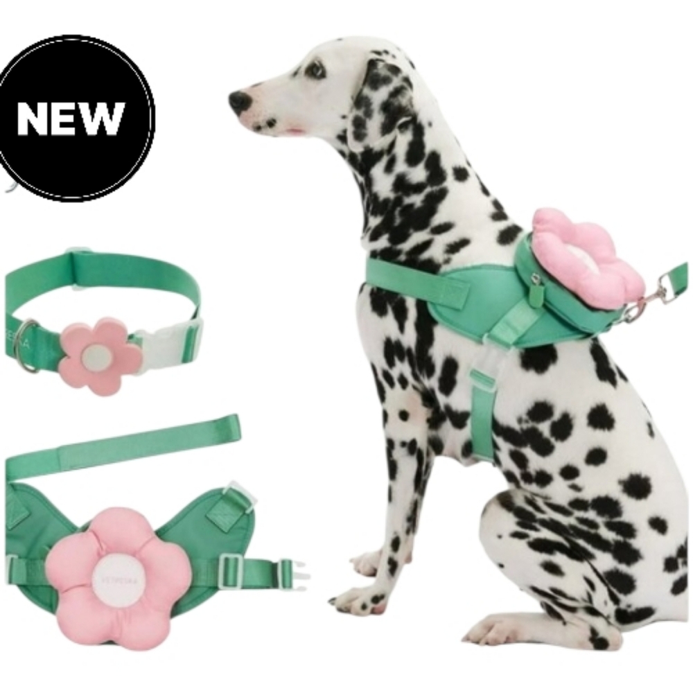 Vetreska Flower Pet Harness ,Collar, and Bag Pack Pink & Green